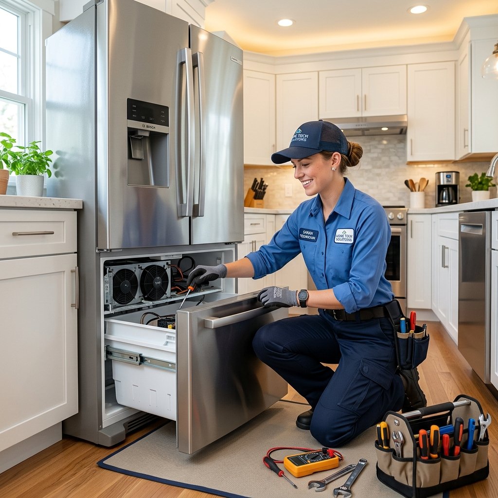 Technician repairing refrigerator
