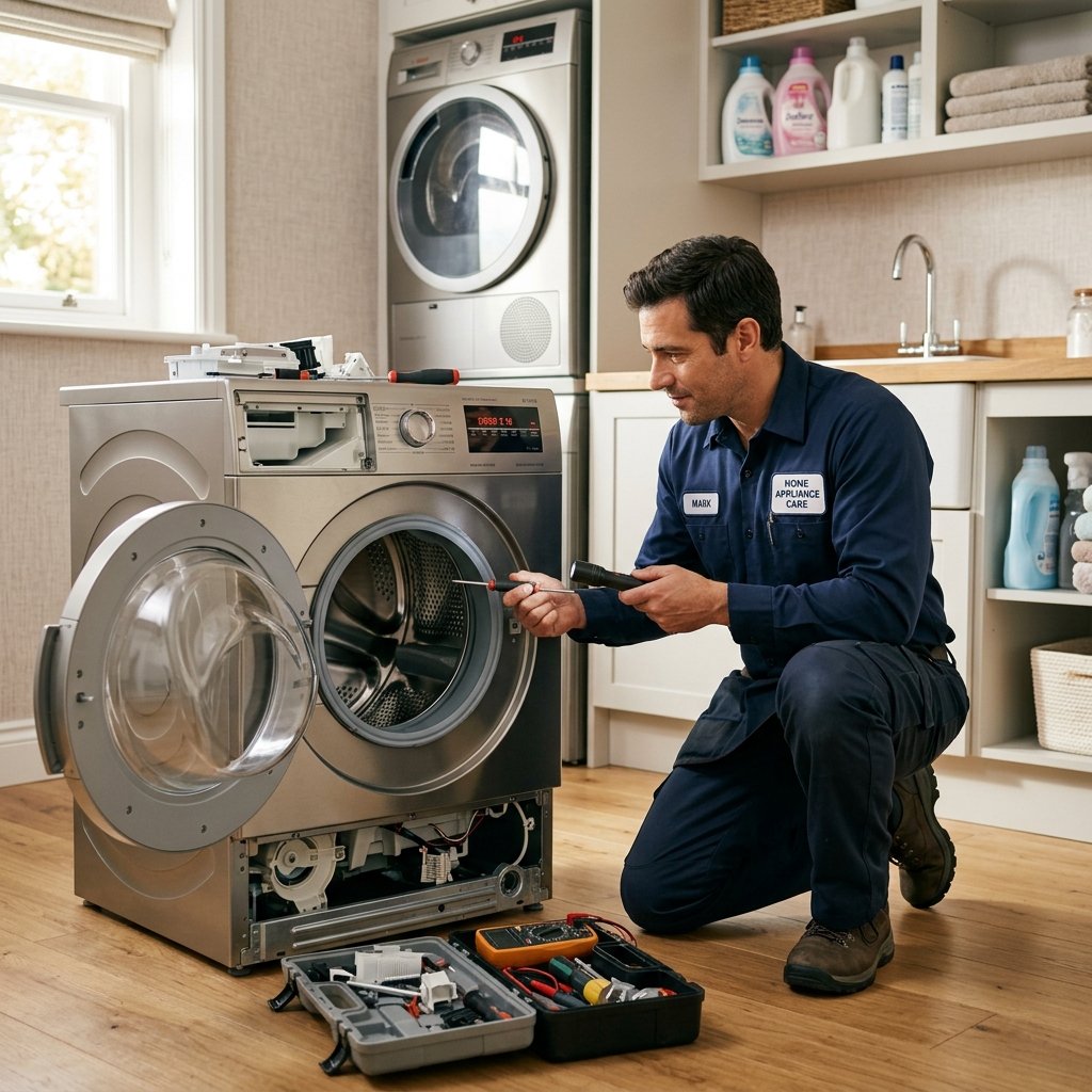 Technician repairing washing machine